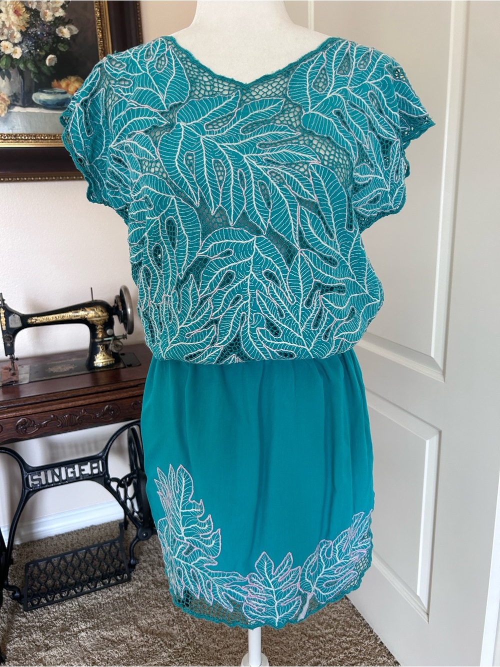 Teal Bali Polynesian CutworkEmbroidered Top and Mini Skirt Set Dress